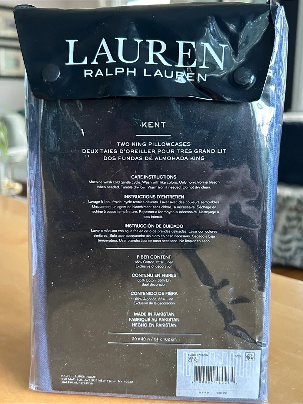 Ralph Lauren Navy Kent King Pair Pillowcases Cotton Linen Blend NWT $130